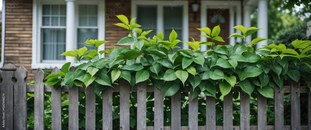 Aufkleber lush green leaves cascading over wooden fence with charming house background and ample space for tex