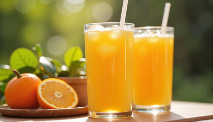 Refreshing orange juice with ice and fruit, vibrant summer delight