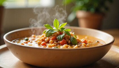Steaming lentil soup with herbs in wooden bowl, comforting Iftar