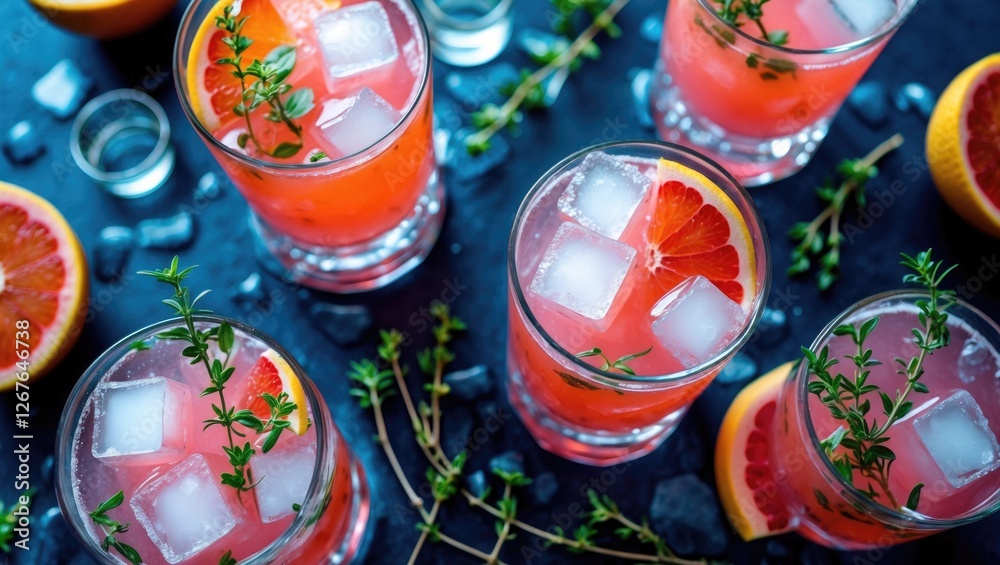 Aufkleber Refreshing Grapefruit Cocktails With Ice Cubes And Thyme Garnish Surrounded By Citrus Fruit On A Dark Table Top View Copy Space