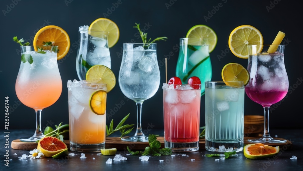 Poster vibrant assortment of gin cocktails displayed on a dark background with fresh garnishes and ice for 