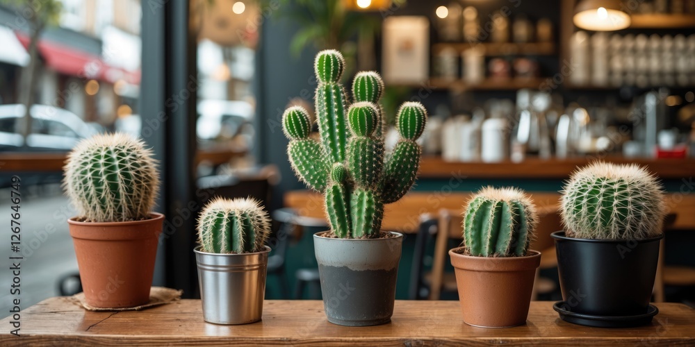 Fototapete Cacti in Cozy Cafe Setting with Wooden Table and Empty Space for Text or Branding