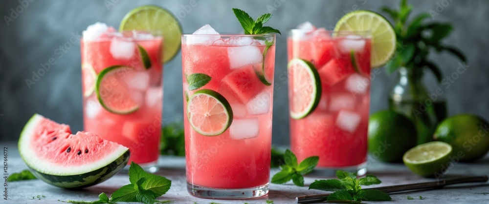Aufkleber refreshing watermelon lemonade with lime and mint in glasses on a light background with fresh ingred