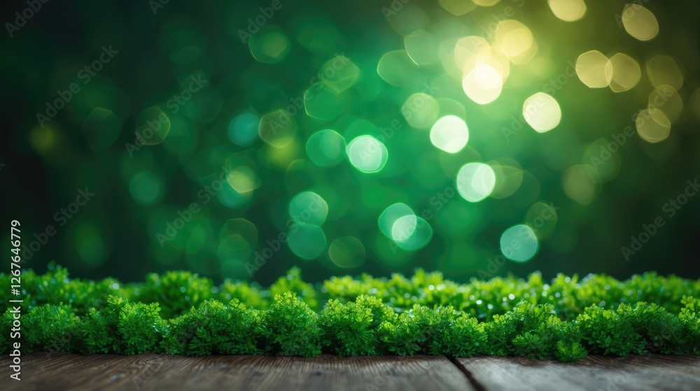 Aufkleber Serene green bokeh background with lush greenery and soft light creating a tranquil and vibrant atmosphere for nature-themed designs.