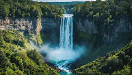 Fototapeta premium Majestic Waterfall Surrounded by Lush Green Forest and Scenic Landscape View