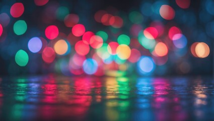 Abstract bokeh background featuring vibrant defocused RGB lights in red, green, and blue creating a festive and colorful atmosphere.