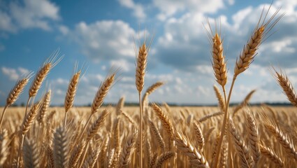 Fototapeta premium Golden Wheat Field Under Blue Sky with Clouds and Space for Text or Branding. Perfect for Agricultural or Nature Themes.
