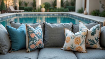 Cozy sofa adorned with decorative pillows by a serene swimming pool in a modern outdoor setting.