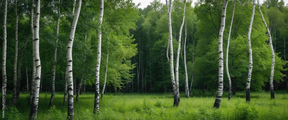 Poster lush green birch trees with distinctive white trunks in summer forest landscape featuring ample spac