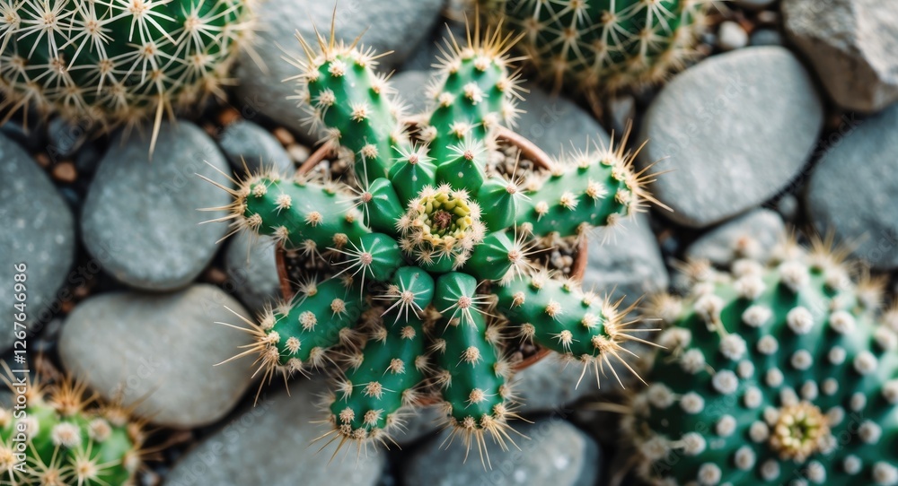 Poster Top View of Green Prickly Cactus Surrounded by Smooth Stones with Empty Space for Text Ideal for Nature-Themed Designs or Advertisements