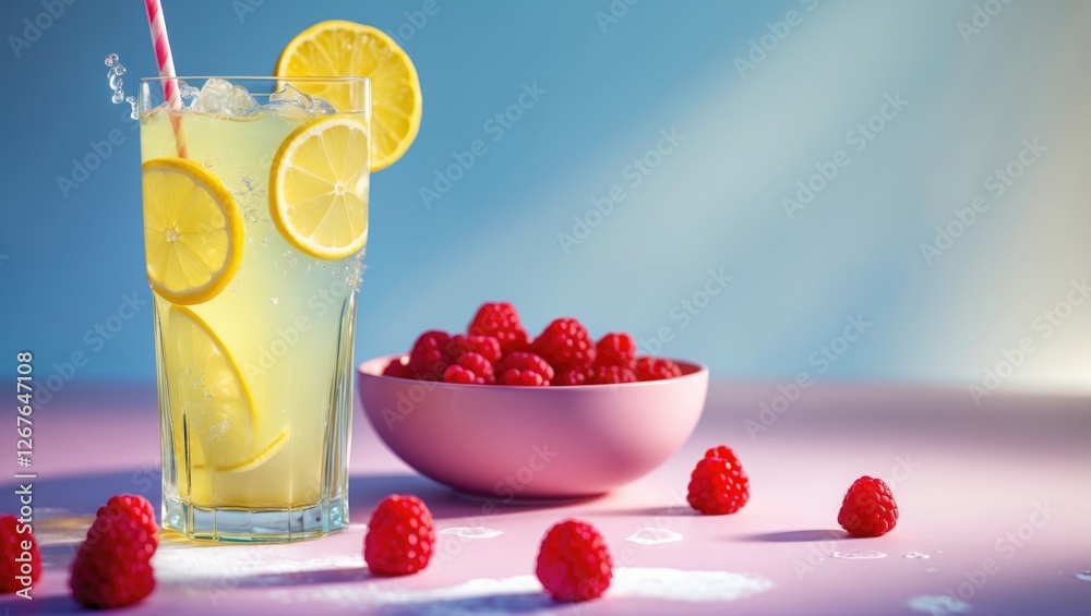 Poster refreshing lemonade glass with lemon slices and raspberries in a bowl on a light background ideal fo