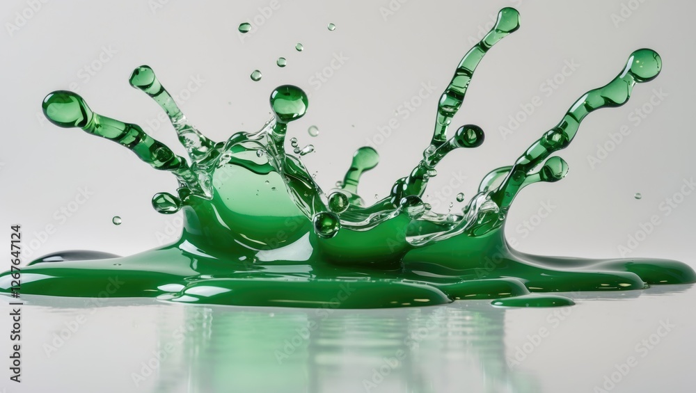 Poster Vibrant Green Liquid Splash with Dynamic Motion on White Background for Creative Text Placement and Visual Impact