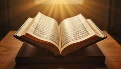 Fototapeta premium Open Quran on wooden stand illuminated by morning light, spiritual reflection
