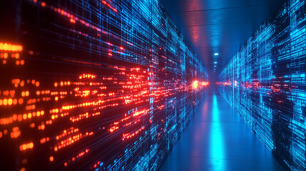 Futuristic glowing firewall barrier separating a calm blue network from a chaotic red cyberattack representing cybersecurity data protection encryption online privacy and digital defense technology