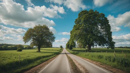 Country Road Surrounded by Lush Green Fields and Trees Under a Bright Blue Sky with Fluffy White Clouds