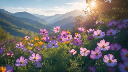 Cosmos flowers blooming in a sunlit garden with mountains in the background creating a serene landscape ideal for nature-themed designs.