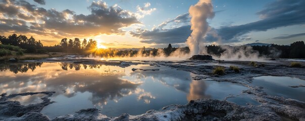 A tranquil evening in Rotorua, New Zealand, with the iconic Pohutu Geyser erupting against a sunset-lit sky