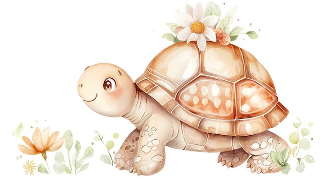 A chibi turtle with a patterned shell, slowly walking, its head peeking out, isolated on a white background