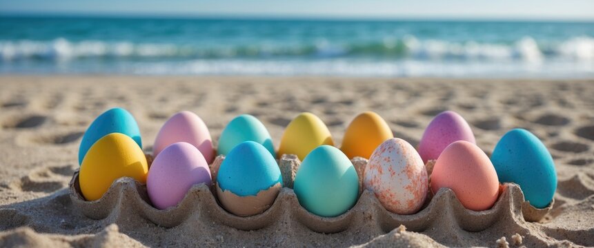 Colorful Easter eggs on sandy beach with ocean backdrop. Spring vacation concept featuring vibrant eggs and empty space for text.