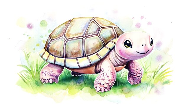 A chibi turtle with a patterned shell, walking slowly, surrounded by watercolor splashes of green and brown, isolated on a soft background