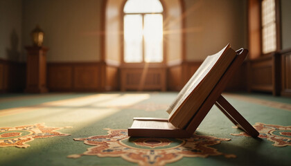 Serene Quran display in peaceful mosque interior, quiet meditation