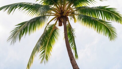Coconut Palm Tree Against Blue Sky Lush Green Leaves Tropical Exotic Nature Background