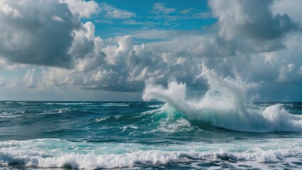 Naklejka premium Ocean Waves Crashing Against Shore Under Dramatic Cloudy Sky With Clear Space For Text or Titles In Tropical Landscape