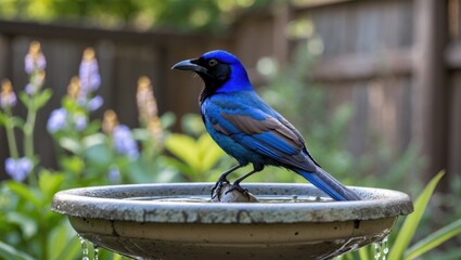 Naklejka premium Vibrant Blue Bird Perched on Birdbath Surrounded by Lush Greenery in a Sunny Backyard Garden Setting During Summer Day