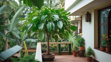 Fototapeta premium Curry Leaf Tree in a serene kitchen balcony garden surrounded by lush greenery in Kerala India showcasing tropical home gardening.