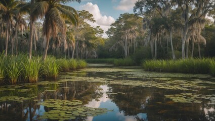 Lush Cuban Swamp Landscape Featuring Tranquil Waters and Tropical Vegetation in National Park Setting