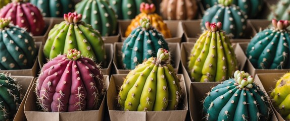 Fototapeta premium Colorful Cactus Fruits in Eco-Friendly Paper Packaging with Space for Text Ideal for Food and Beverage Advertising or Nature Promotions