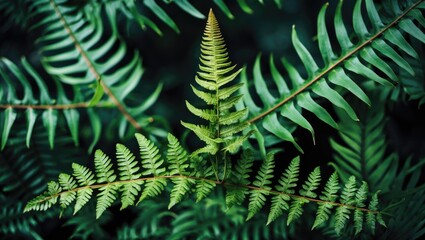 Lush green fern leaves arranged in a natural pattern showcasing the intricacies and textures of foliage in a serene setting.