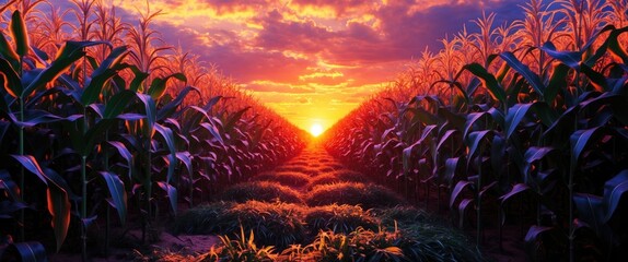 Fototapeta premium Sunset Over Cornfield Scenic Landscape with Vibrant Sky and Ample Copy Space for Text Overlay