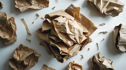 Assorted crumpled and unfolded recycled paper pieces scattered on a clean white background for eco-friendly or artistic concepts