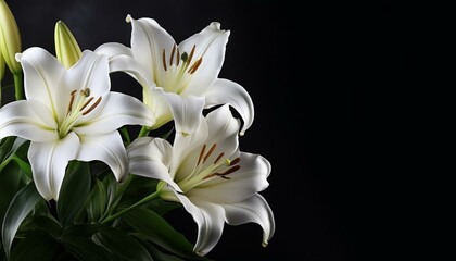 White lilies bouquet, dark background, sympathy card