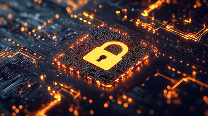 Futuristic glowing cyber padlock icon on a digital circuit board representing data protection encryption firewall security online privacy cybercrime prevention and digital network safety