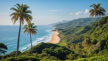 Obraz premium Lush Coastal View with Palm Trees and Clear Blue Sky Overlooking Scenic Beach and Verdant Hillside Landscape