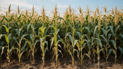 Obraz premium Green Corn Stalks in an Agricultural Field with Ears Ready for Harvest Under a Clear Sky