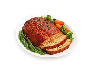 Delicious baked turkey meatloaf with vegetables isolated on white