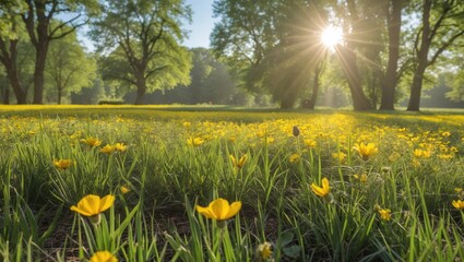 Obraz premium Vibrant field of yellow flowers under sunlight with lush green grass and trees creating a serene summer landscape impression.