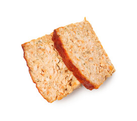 Slices of delicious baked turkey meatloaf isolated on white, top view