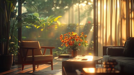 Sunlit living room, tropical garden view, morning calm, flowers centerpiece, home design