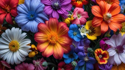 Vibrant close-up of an array of colorful flowers showcasing nature's beauty and diversity in blossoms and hues.
