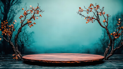 A serene, wooden stage surrounded by delicate branches, set against a misty blue background, creating a calm and artistic atmosphere.