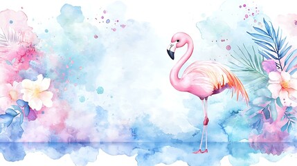 A chibi flamingo standing on one leg, surrounded by watercolor splashes of pink and blue, isolated on a dreamy background