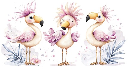 A chibi flamingo standing on one leg, surrounded by watercolor splashes of pink and blue, isolated on a dreamy background