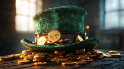 A green hat adorned with gold coins rests on a wooden surface, evoking themes of luck and celebration, reminiscent of St. Patrick's Day.