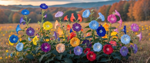Vibrant Morning Glory Flowers in an Autumn Landscape with Blurred Background and Ample Space for Textual Content