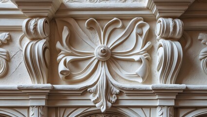 Naklejka premium Architectural plaster decoration featuring intricate molding and patterns showcasing exquisite wall texture and craftsmanship in high resolution.