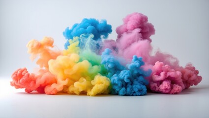 Vibrant rainbow smoke clouds swirling on a white background creating a colorful and artistic visual display for design projects.